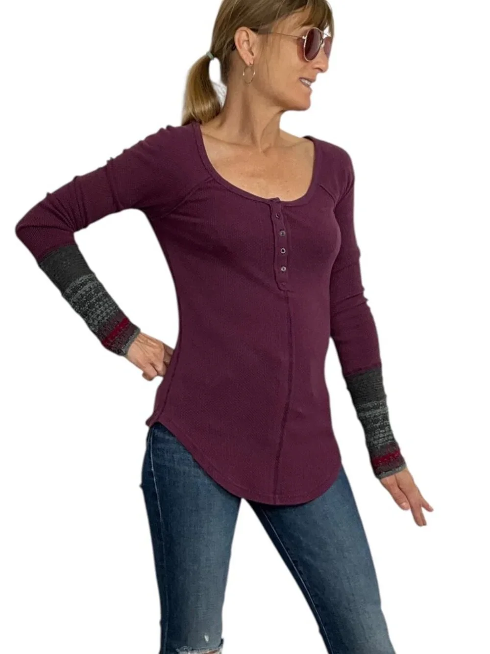 Free People Ski Lodge Sweater Cuff Thermal Shirt S Gypsy Violet Combo Henley